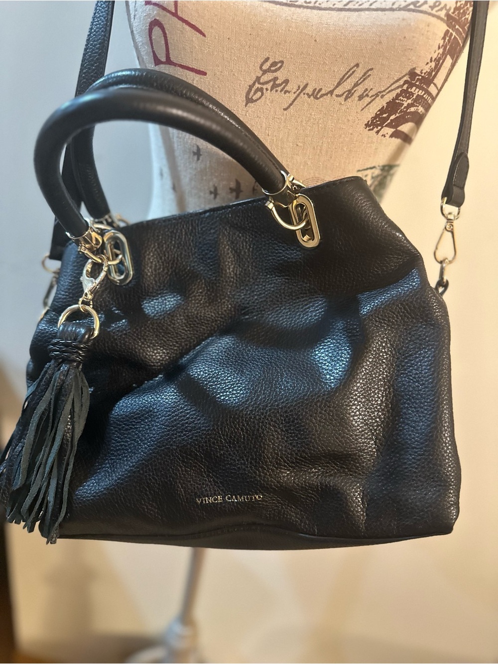Vince Camuto Black Leather Tassel Satchel Shoulder Bag